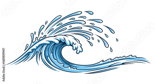 A stylized illustration of a large ocean wave with foamy crests and splashing water.