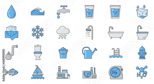Collection of various water-related icons, representing different aspects of water and its uses.