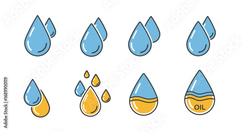 Collection of water and oil drop icons in various styles, including single drops, pairs of drops, and drops with oil-like textures.
