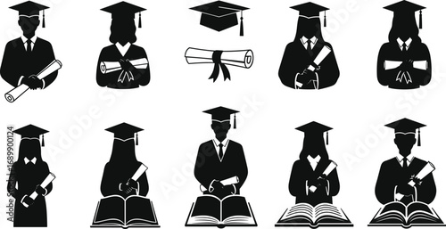 Graduation icons with male and female graduates in caps and gowns holding diplomas and books, education achievement, academic success, university ceremony