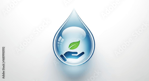 A clear blue water drop containing a hand gently holding a green leaf, symbolizing environmental care and water conservation.