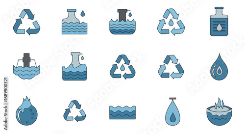 Collection of water conservation and recycling icons, featuring various representations of water, bottles, and recycling symbols.