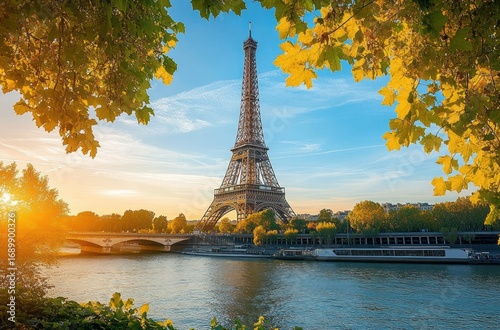 Eiffel Tower framed by autumn leaves with a bright blue sky and warm sunset over the river in a peaceful cityscape
