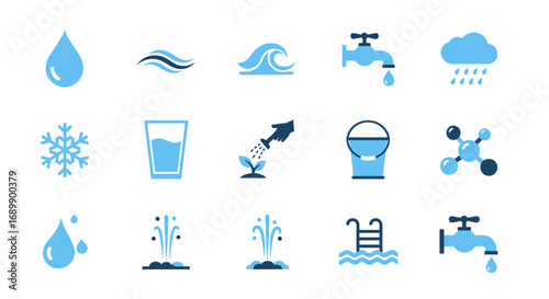 A collection of blue and dark blue icons representing various aspects of water, including drops, waves, taps, rain, snow, drinking, irrigation, and recreational uses.
