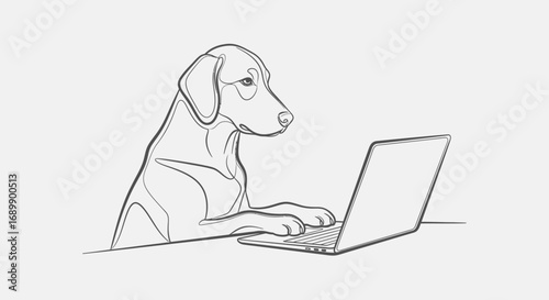 Illustration of a dog using a laptop, showcasing a humorous and modern concept.