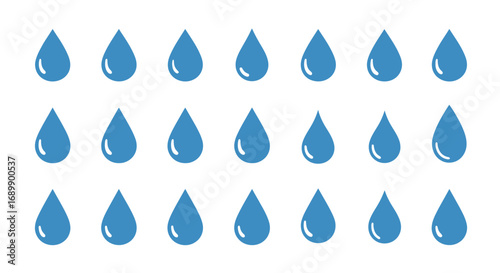 Three rows of evenly spaced, stylized blue water droplets arranged in a grid on a white background.