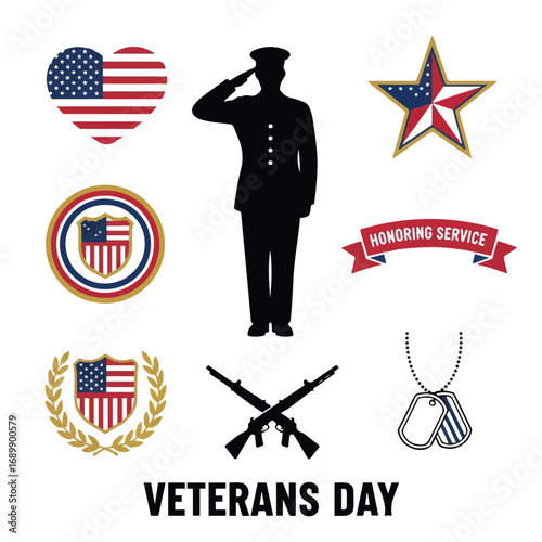 Veterans Day Icons. Solid, filled icons set of Veterans Day: medal, soldier hat, folded flag, salute, helmet,