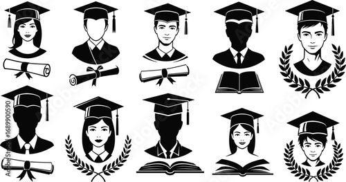 Graduation silhouette icons, male and female graduates, mortarboard hats, diplomas, academic success, education achievement, university students, graduation ceremony, academic cap