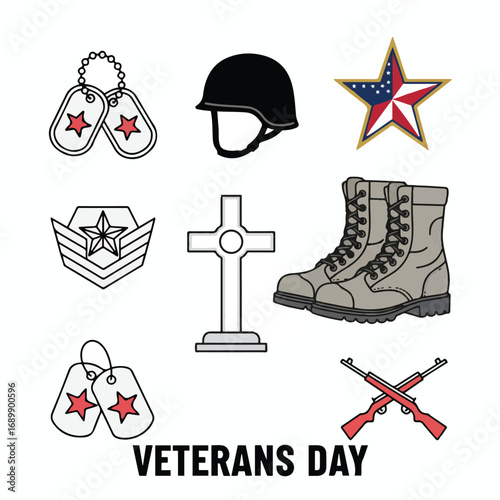 Veterans Day Icons. Solid, filled icons set of Veterans Day: medal, soldier hat, folded flag, salute, helmet,