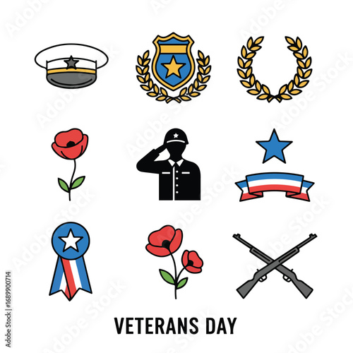Veterans Day Icons. Solid, filled icons set of Veterans Day: medal, soldier hat, folded flag, salute, helmet,