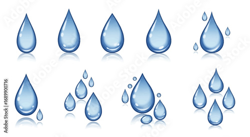 A collection of various blue water droplets with reflections, illustrating different sizes and groupings on a white background.
