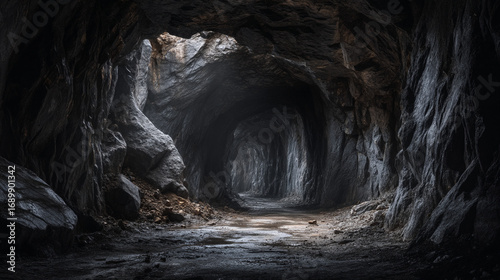 A dimly lit cave passage with rough stone walls and a small opening at the top for light
