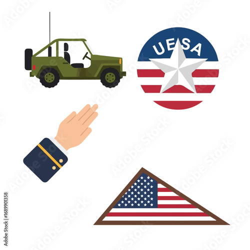 Memorial Day Tribute Symbols Saluting Soldier, Medal of Honor, Dog Tags, Folded Flag, and Military Memorial