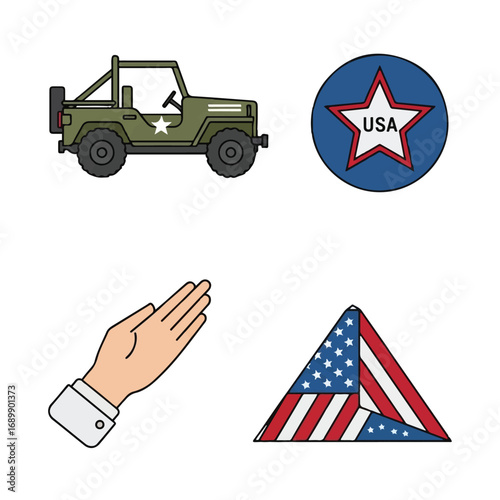 Memorial Day Tribute Symbols Saluting Soldier, Medal of Honor, Dog Tags, Folded Flag, and Military Memorial