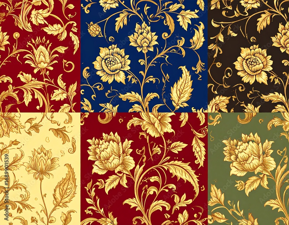 Six repeating floral patterns in gold on various backgrounds