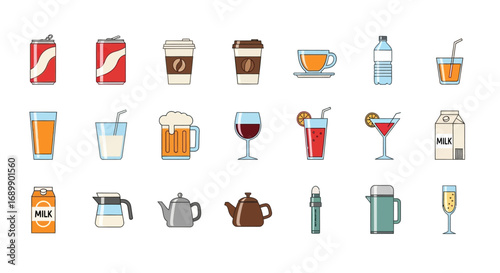 A collection of various beverage and drink icons, including sodas, coffee cups, wine, cocktails, milk cartons, and teapots.