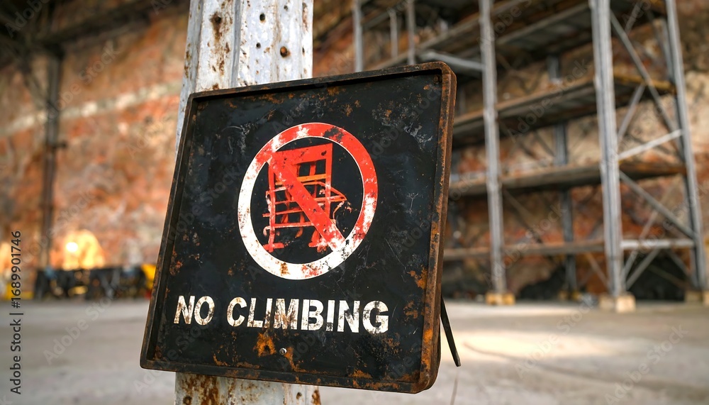 Fototapeta premium Rusty no-climbing sign in a warehouse