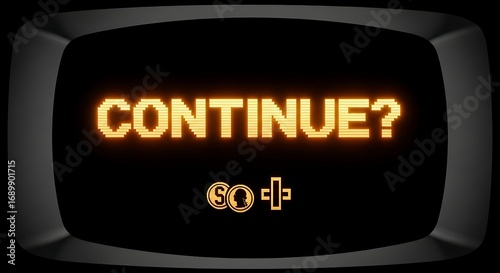 Retro video game screen asks 'CONTINUE?' with glowing pixelated text and iconic game icons