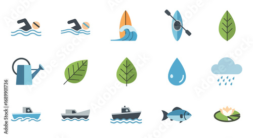 Collection of flat vector icons representing water, nature, and recreation.