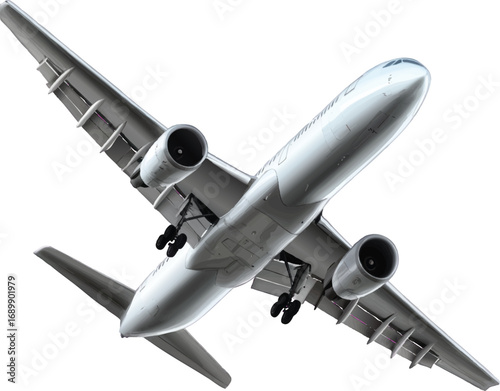 Silver Airplane Flying from Below on White Background