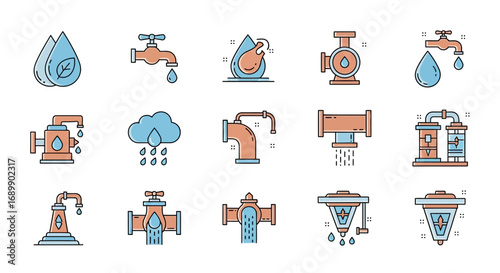 A set of colorful line icons representing water supply, purification, and conservation concepts.