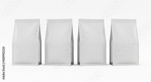 Plain White Packaging Bags Empty Standing in Row on White Background