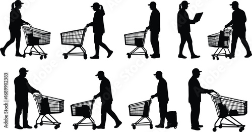 Silhouette people shopping with carts, pushing trolleys, grocery buyers, supermarket scene, retail customers, black vector illustration, isolated on white background