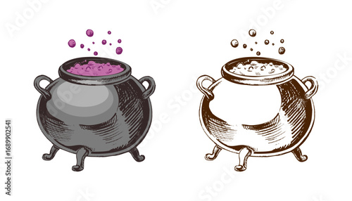 Hand drawn vintage sketch of bubbling witch cauldron with purple potion in monochrome and color version, isolated vector illustration