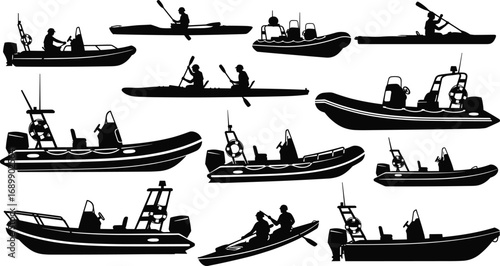 Silhouettes of rescue boats and kayaks with people paddling, inflatable lifeboats, water rescue equipment, safety, marine emergency, black vector