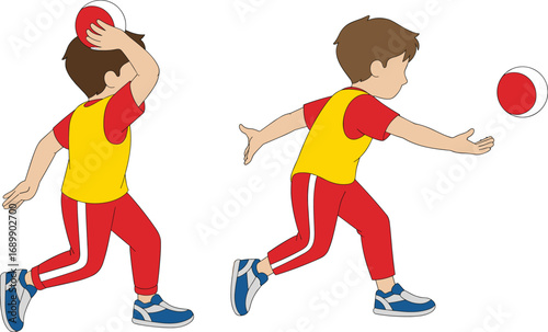 Boy throwing ball in sports uniform, physical activity illustration for school education, kids fitness, games, motion, training, exercise