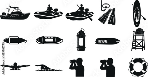 Water safety and rescue equipment icons, lifeguard boats, swimmers, binoculars, rescue tools, lifebuoy, swimming gear, silhouette vector for marine safety