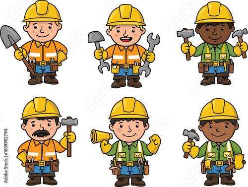 Construction workers cartoon characters, diverse builders with helmets, tools, shovels, hammers, wrenches, teamwork, safety gear, professional labor, building site, flat vector illustration