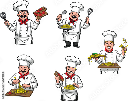 Happy cartoon chefs cooking delicious pasta and pizza, perfect for restaurant branding, menu design, culinary blogs, kitchen decor, food promotion