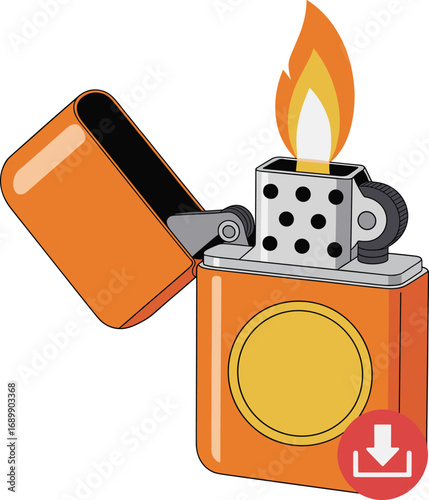 Orange metal flip-top lighter with open flame, isolated fire ignition device illustration for safety, camping, design, branding, and education use
