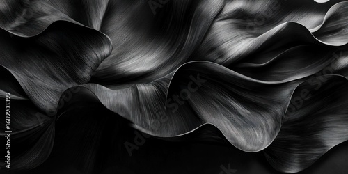 Close-up black and white image of smooth, wavy, textured surfaces resembling flowing fabric or petals with intricate shadows and highlights creating a dynamic, elegant appearance