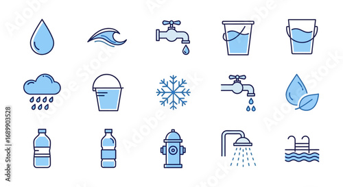Collection of water-related icons, including drops, waves, taps, buckets, clouds, snowflakes, bottles, hydrants, showers, and pools.