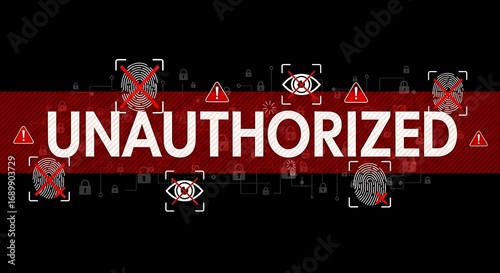 Cybersecurity alert unauthorized access warning with fingerprint and eye scan icons