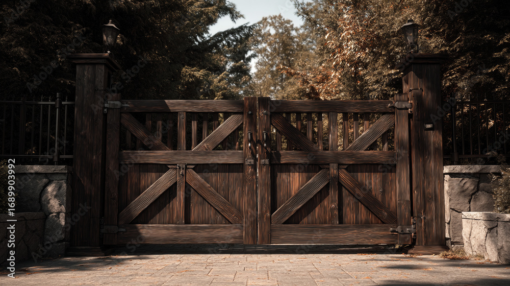 Fototapeta premium A symmetrical view of a large wooden gate with trees and stone pillars on either side of it