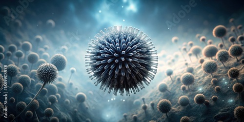 Microscopic View of a Complex Viral Structure Surrounded by a Field of Similar Microorganisms, Possibly Illustrating a Contagious Infection or a Biological Process