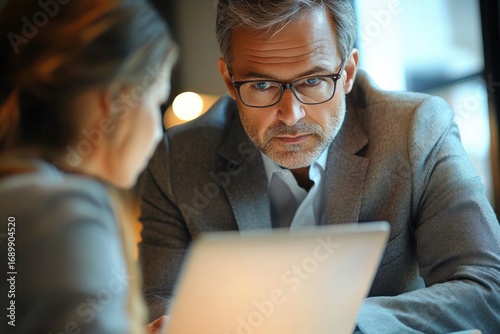 serious middle aged man in glasses attentively listening to woman during discussion in modern office environment