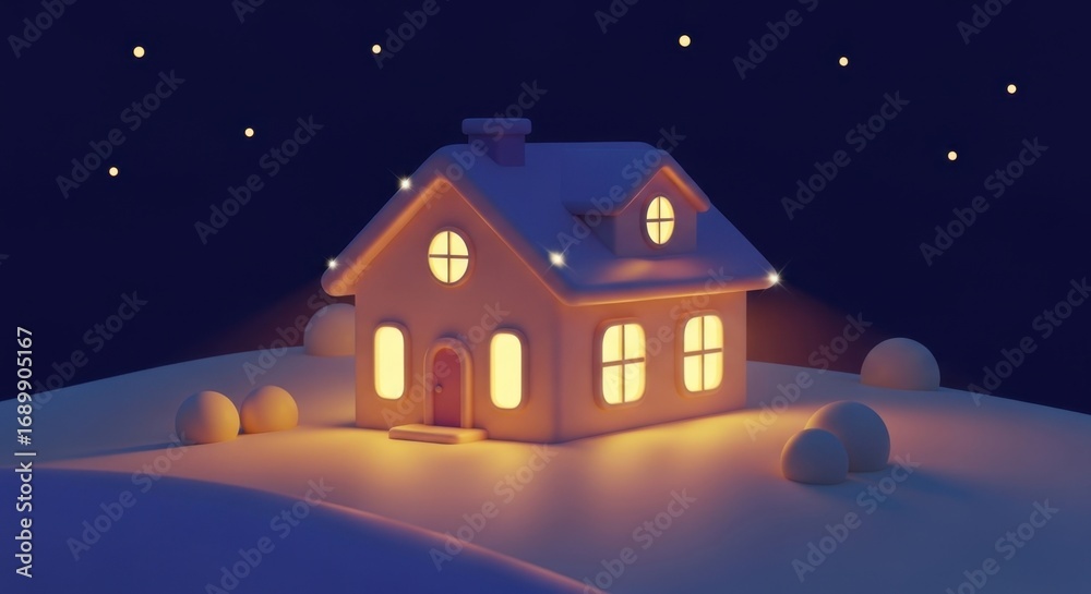 Naklejka premium 3D Render of Cozy Lit House at Night with Stars