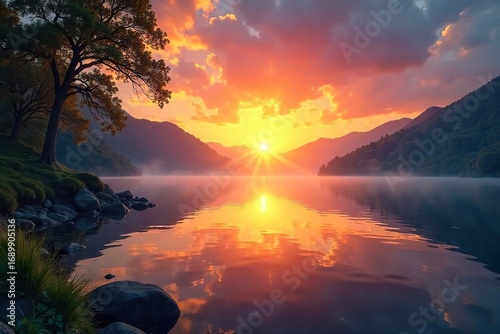 Serene nature scene depicting a vibrant sunrise over a tranquil lake, symbolizing the restorative power of healing energy and the calm it brings , serene, spiritual