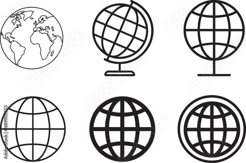 Web globe icon set in flat black silhouette vector illustration bundle for travel and world concepts
