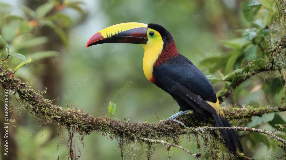 Obraz premium Vibrant colorful toucan perched on lush rainforest branch showcasing exotic wildlife with striking beak and vibrant feathers in tropical habitat scene