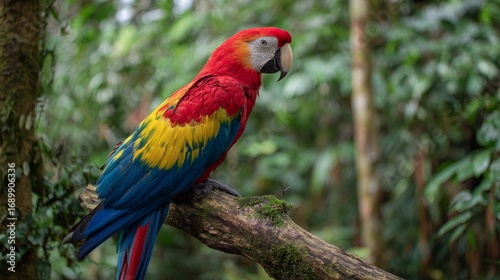 Vibrant tropical parrot perched on branch in lush rainforest with colorful feathers showcasing exotic wildlife natural habitat and stunning avian beauty for nature lovers