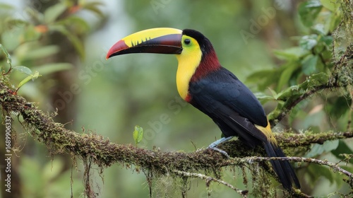 Vibrant colorful toucan perched on lush rainforest branch showcasing exotic wildlife with striking beak and vibrant feathers in tropical habitat scene