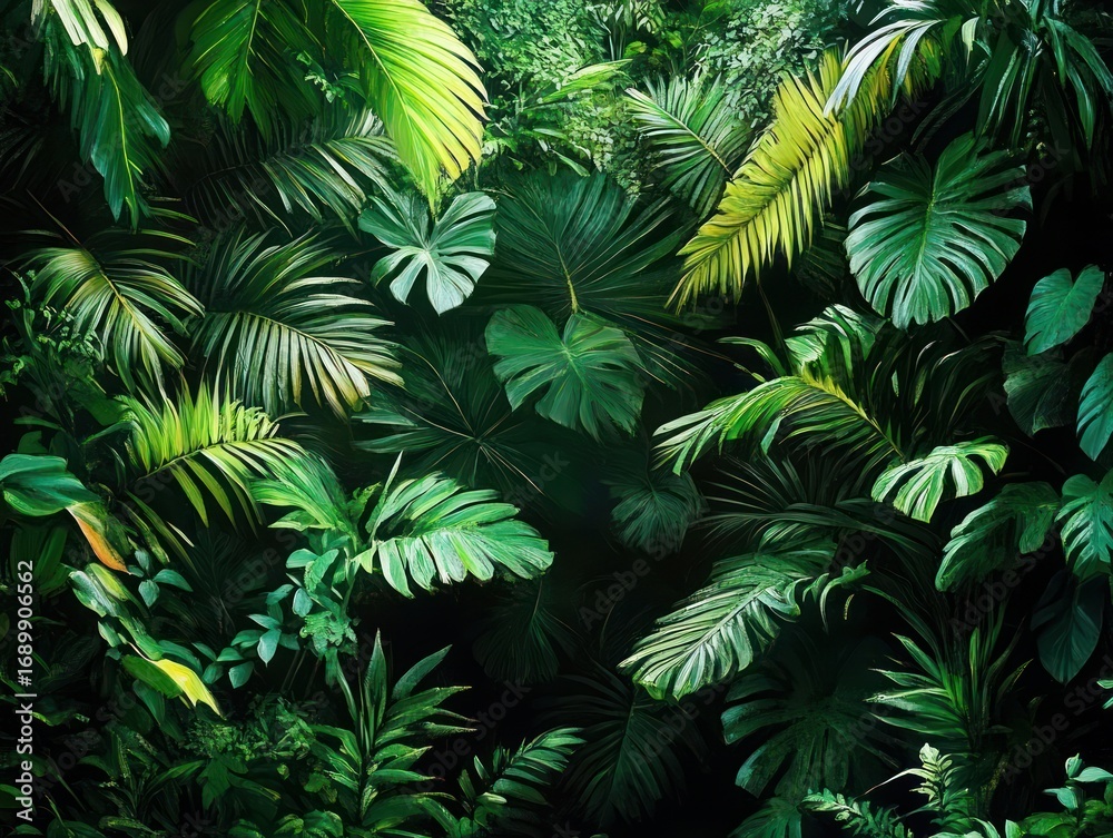 Fototapeta premium Dense tropical foliage with various large green leaves creating a lush and vibrant natural scene