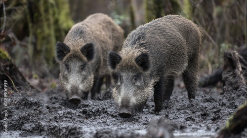 Wildlife scene featuring wild boars in natural forest habitat with detailed ecosystem vibrant flora and immersive wilderness landscape for nature lovers