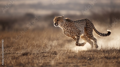 Dynamic wildlife photograph of a cheetah in full sprint across a dry savannah landscape showcasing speed agility and predator behavior in a natural environment