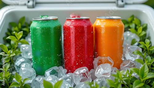
Title:
Refreshing Green, Red, and Orange Soda Cans on Ice with Green Leaves, Perfect for Summer Beverage and Party Concepts